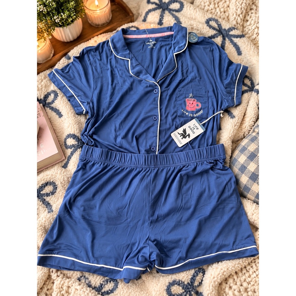 Life is Good Womens XL Pajama Set Blue Short Sleeve Button Down Shorts Coffee